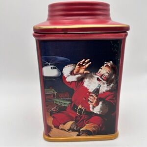 SAKURA COCA COLA BRAND STONE WARE CANISTER SANTA 6-3/4”x 4”